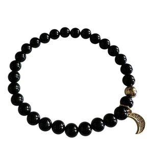 6mm Black Onyx Stretch Bracelet Gold Filled Spacer Pave Moon Charm Dainty